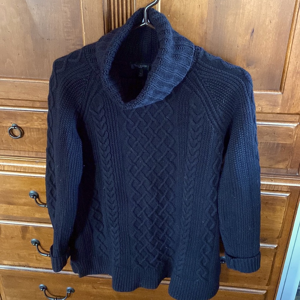 Women’s Talbots black cowl neck cable knit sweater size ps but fit is medium